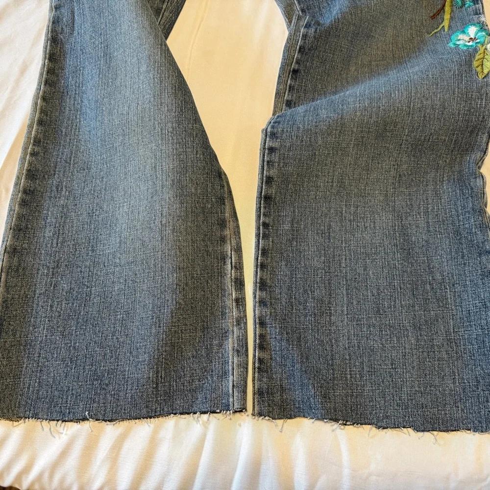 Y2K Embroidered Phoenix Low Rise Jeans 14 | Floral Bird Denim | Raw Hem | - Picture 16 of 16